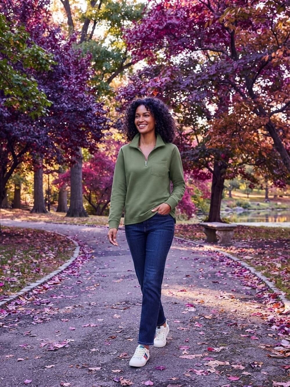Lands' End Serious Sweats Green Half Zip Pocket Sweatshirt Plus Size 1X 16W-18W